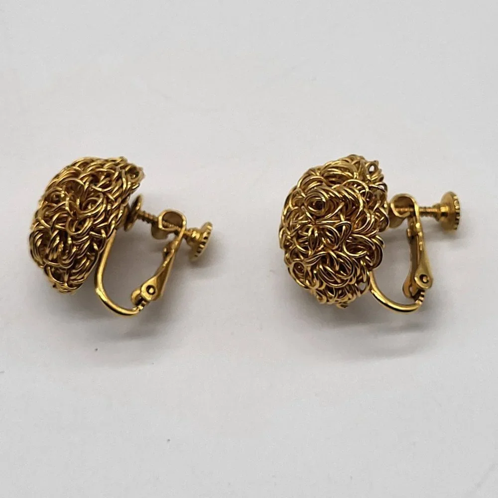 VTG Wire Ball Gold Tone Adjustable Clip On Earrings Patent 3.176.475 - Picture 6 of 7